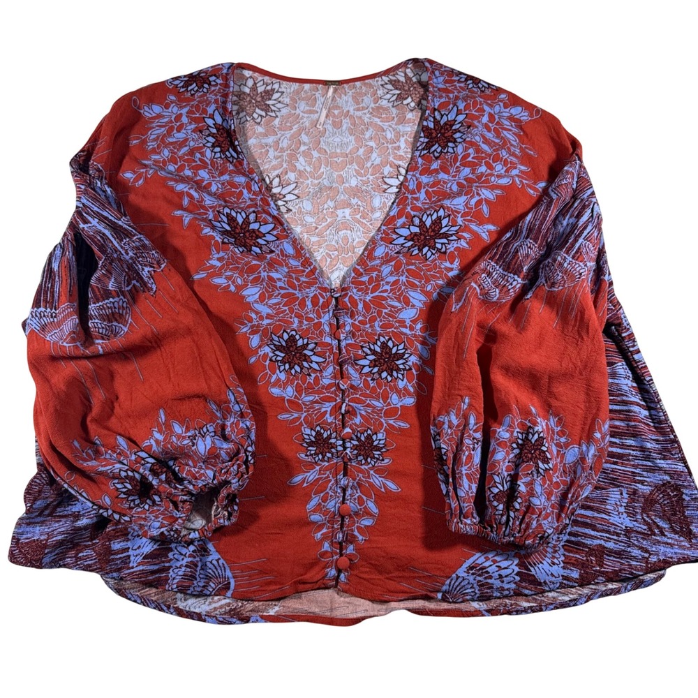Free People Orange Blue Floral Bird Print Balloon Sleeve Button Front Blouse S